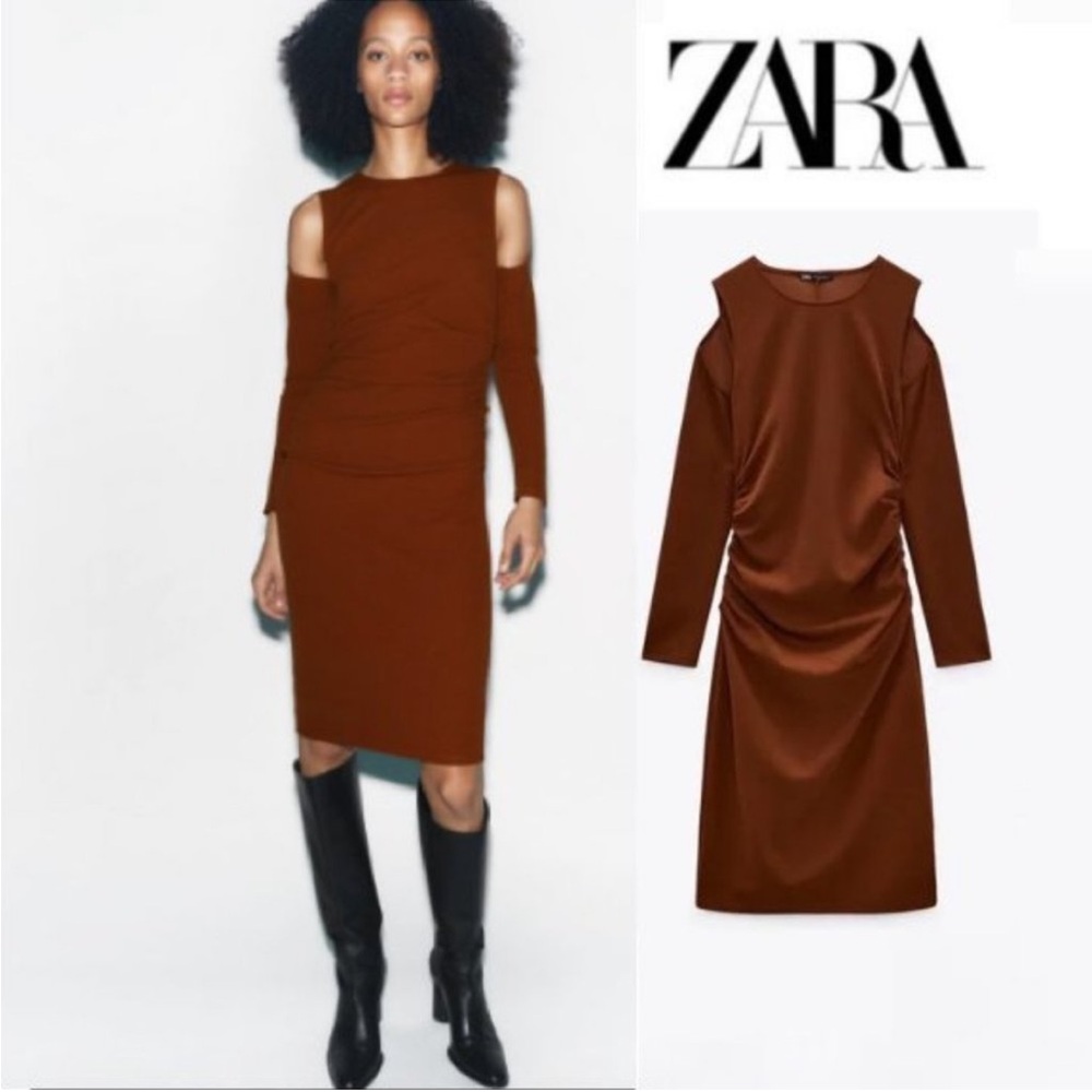 Zara Cut Out Midi Dress Brown Sz Small NWOT